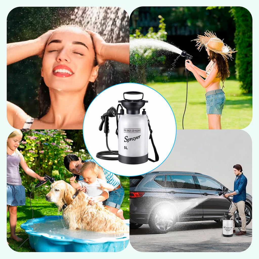 Beloadence Portable Camping Shower, Manual Pressure Outdoor Shower with Spray Nozzle for Camping, Beach, Surfing, Garden, Car Wash & Dorm Use, 5L, Hands-Free Carry