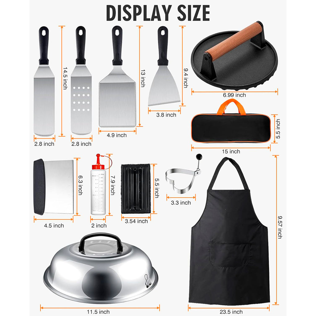 Griddle Accessories Kit, 15PCS Flat Top Grill Tools Set for Blackstone and Camp Chef, Enlarged Spatulas, Basting Cover, Stain Steel Grill Spatula Kit for Outdoor BBQ & Cooking