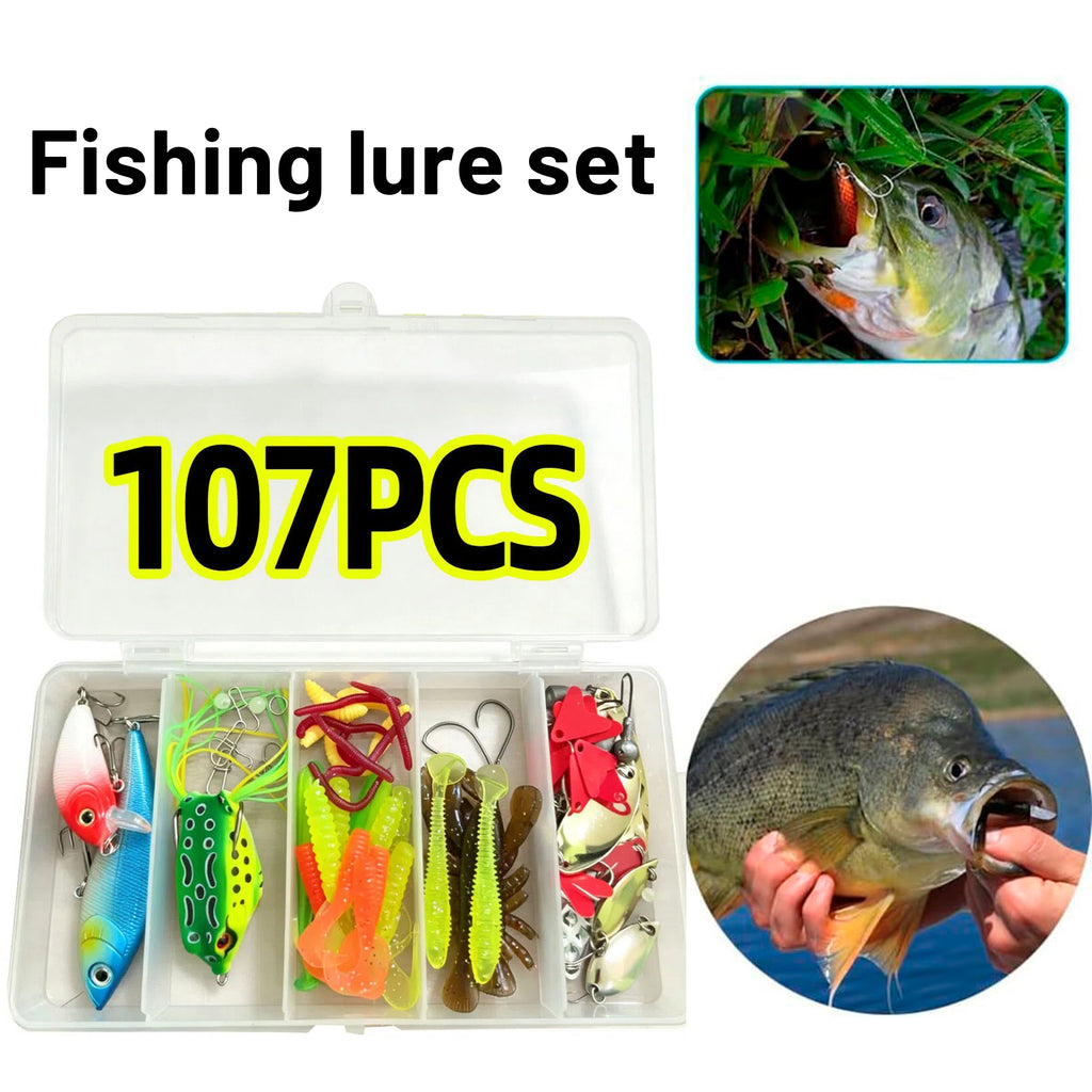 Beloadence Fishing Lures, Fishing Accessories, Tackle Box with Tackle Included, Fishing Kit with VIBs, Frogs, Minnows, Soft Baits, Hooks & Weights Accessories, 107Pcs