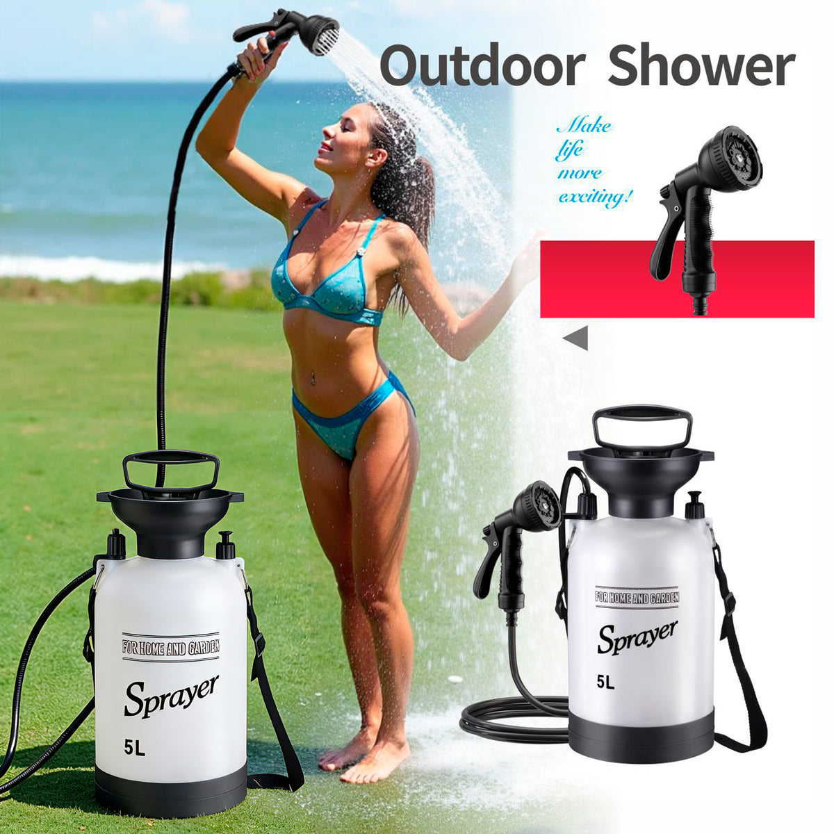 Beloadence Portable Camping Shower, Manual Pressure Outdoor Shower with Spray Nozzle for Camping, Beach, Surfing, Garden, Car Wash & Dorm Use, 5L, Hands-Free Carry