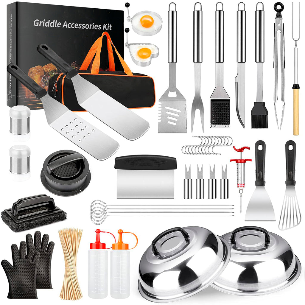 Griddle Accessories Kit, 144 Pcs Griddle Grill Tools Set for Blackstone and Camp Chef, Professional Grill BBQ Spatula Set with Basting Cover, Spatula, Scraper, Bottle, Tongs, Egg Ring (Rectangular)