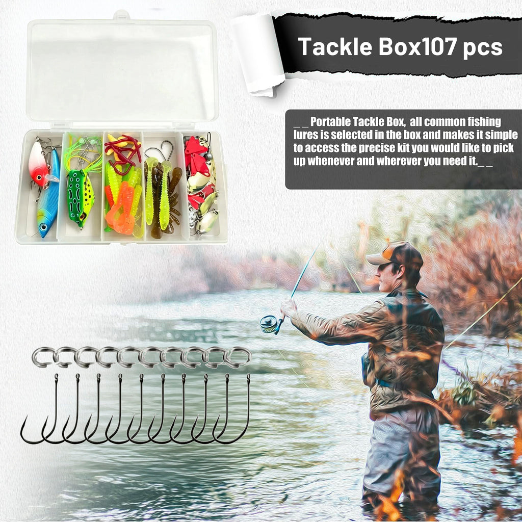Beloadence Fishing Lures, Fishing Accessories, Tackle Box with Tackle Included, Fishing Kit with VIBs, Frogs, Minnows, Soft Baits, Hooks & Weights Accessories, 107Pcs