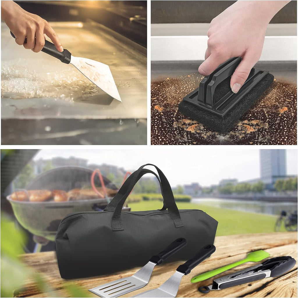 Griddle Accessories,15 Pcs Flat Top Grill Accessories kit for Blackstone and Camp,Stainless Steel BBQ Accessories with Spatula, Basting Cover,Tongs,Egg Mold & Carry Bag for Outdoor BBQ Teppanyaki