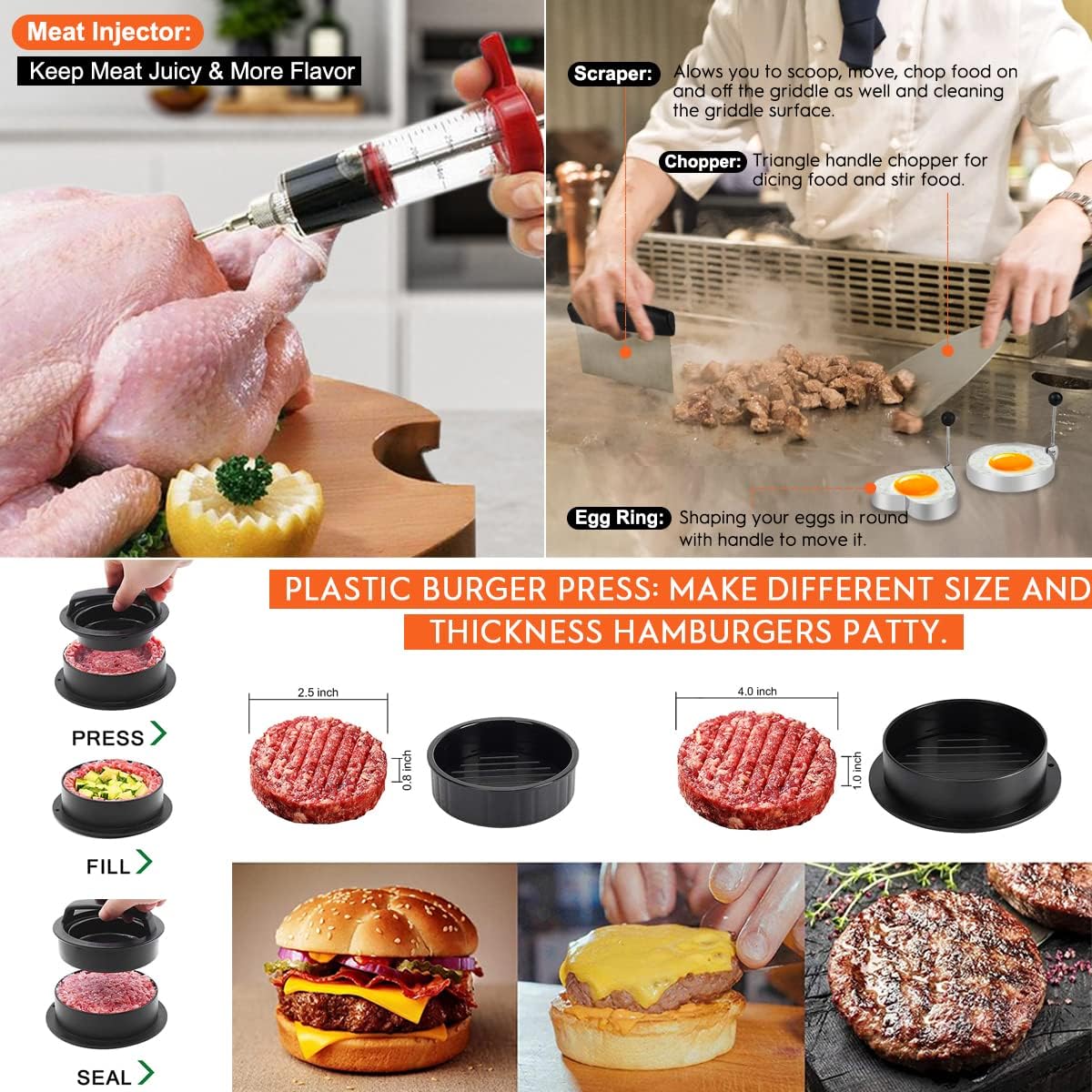 Griddle Accessories Kit, 144 Pcs Griddle Grill Tools Set for Blackstone and Camp Chef, Professional Grill BBQ Spatula Set with Basting Cover, Spatula, Scraper, Bottle, Tongs, Egg Ring (Rectangular)