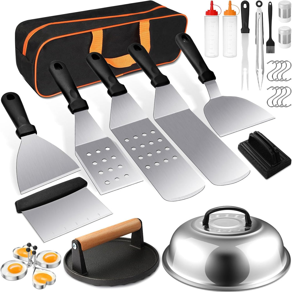 29pcs Griddle Accessories Kit,Grill Tools Set for Blackstone,Hibachi Enlarged Spatula Set with Basting Cover,Burger Press Patty Maker for Outdoor Teppanyaki BBQ