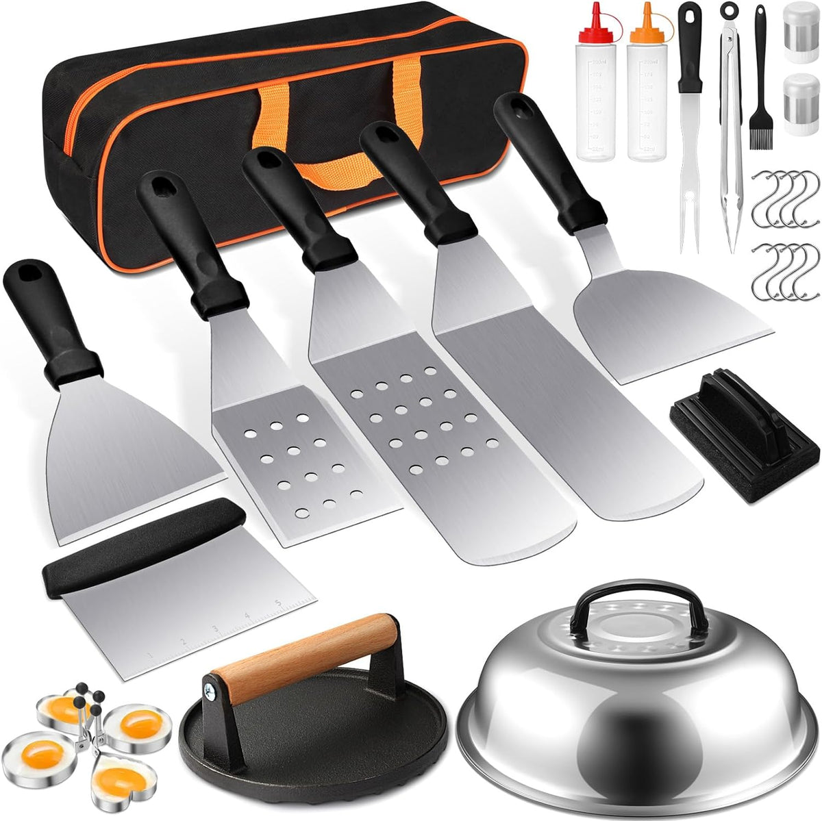 29pcs Griddle Accessories Kit,Grill Tools Set for Blackstone,Hibachi Enlarged Spatula Set with Basting Cover,Burger Press Patty Maker for Outdoor Teppanyaki BBQ