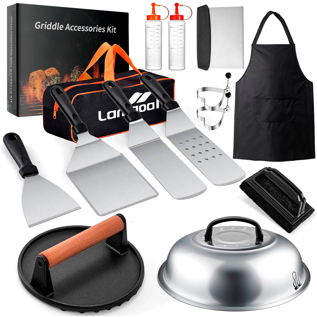Griddle Accessories Kit, 15PCS Flat Top Grill Tools Set for Blackstone and Camp Chef, Enlarged Spatulas, Basting Cover, Stain Steel Grill Spatula Kit for Outdoor BBQ & Cooking