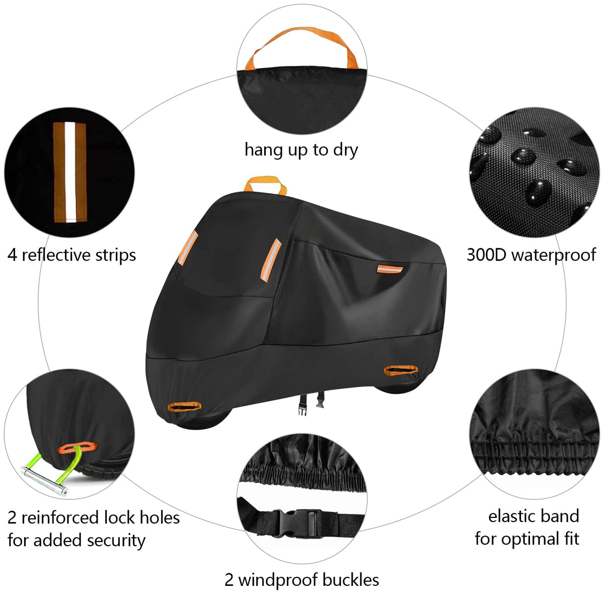 Heavy Duty Motorcycle Cover Waterproof Outdoor, All Season Durable Sun Rain Wind Dust Protection,4 Reflective Tapes, Lock-Hole Security,3XL