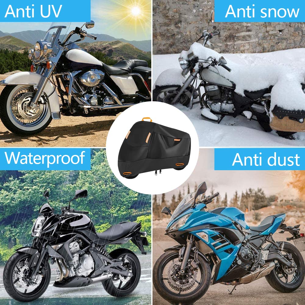 Heavy Duty Motorcycle Cover Waterproof Outdoor, All Season Durable Sun Rain Wind Dust Protection,4 Reflective Tapes, Lock-Hole Security,3XL